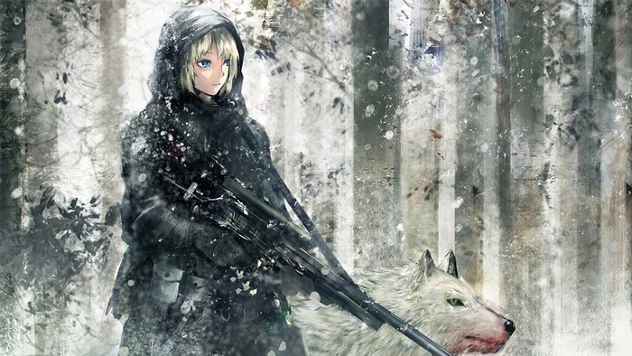 Anime girl with sniper rifle and wolf in forest 4K