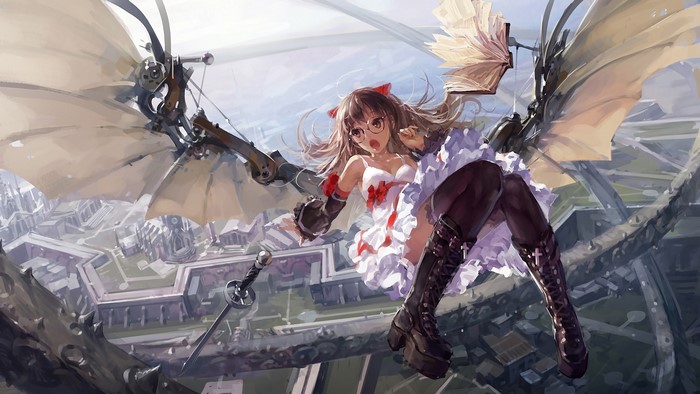 Anime Girl with Mechanical Wings Flying Over City 4K