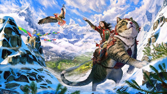 Hunter riding a cat in snowy mountains with eagle