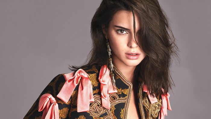 Kendall Jenner in ornate jacket with pink bows