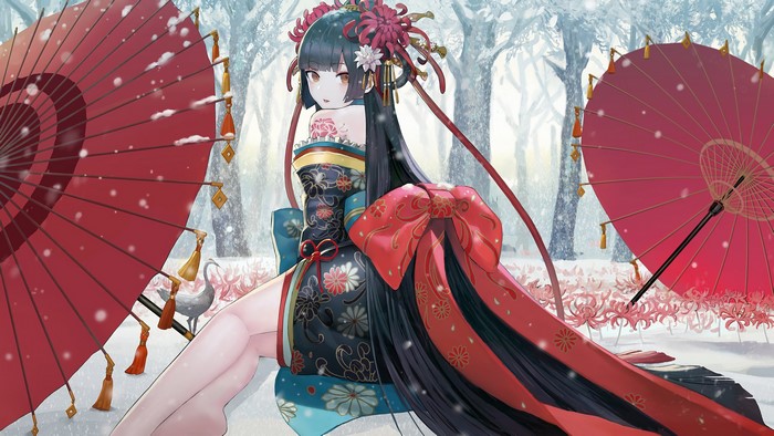 Kimono, Anime, Girl, Snowing, 4K, 3840x2160