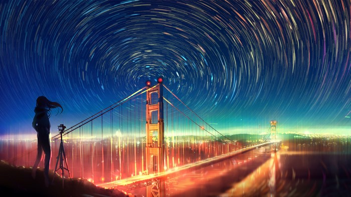 Anime girl photographing Golden Gate Bridge at night with star trails