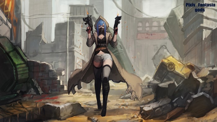 Anime Girl with Guns in Ruined City 4K
