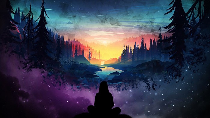 Silhouette meditating in a colorful forest landscape at sunset 4K