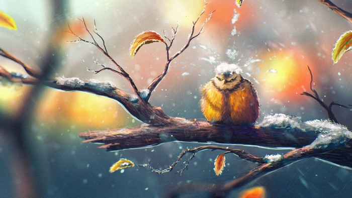 Bird on a snowy branch in autumn