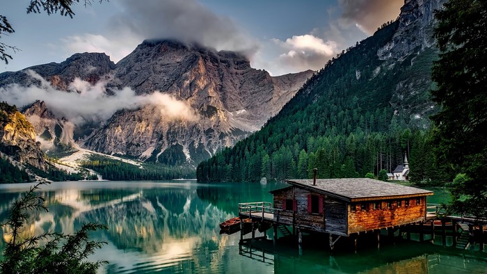 Lake and Mountains with Cabin and Church