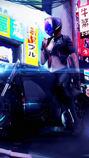 Cyberpunk Girl with Motorcycle in Neon City 4K