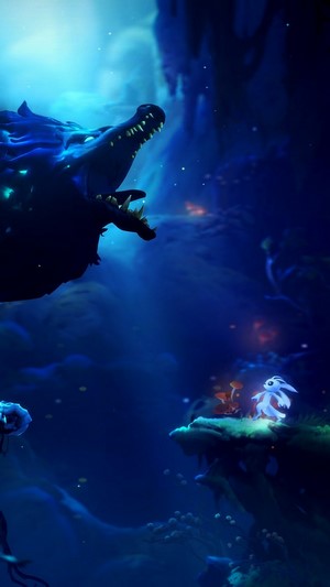 Ori from Ori and the Will of the Wisps facing a wolf