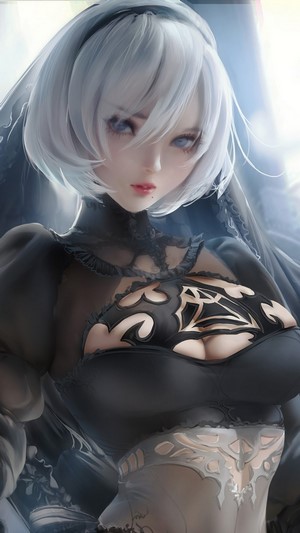 2B, Nier Automata, Black, Dress, 4k
