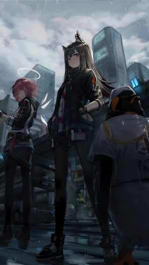 Arknights characters Texas, Exusiai, and Sora in the rain