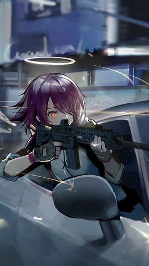 Exusiai from Arknights holding a rifle