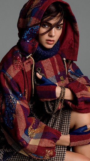 Kendall Jenner in a plaid coat with sequins