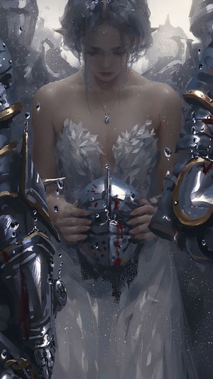 Fantasy Girl Holding Bloody Knight Helmet 4K