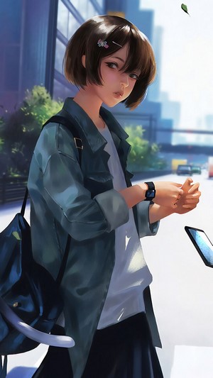Anime Girl with Cat Backpack Checking Smartwatch 4K