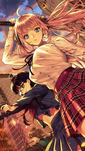 Anime girls with katanas in a city 4K
