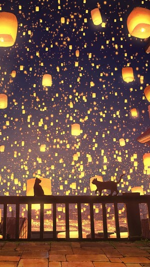 Anime, Sky Lantern, Cat, Night, Scenery, 4k