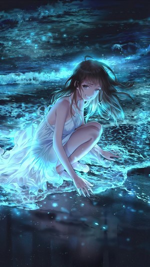 Anime, Girl, Night, Beach, 4k