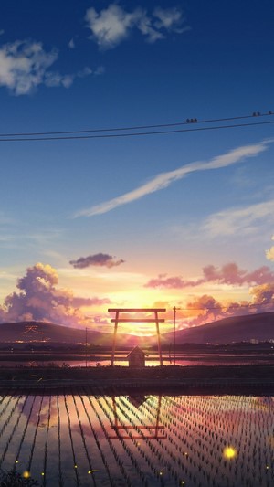 Sunrise, Anime, Scenery, Paddy Field, Farm, 4k
