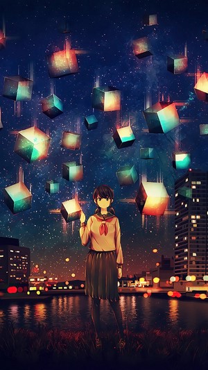 Anime girl in school uniform with floating cubes at night 4K