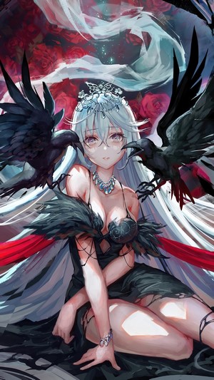 Anime girl with white hair and crows 4K