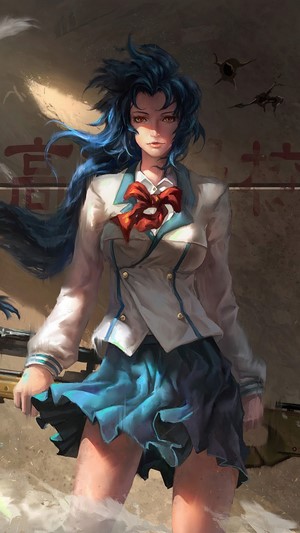 Anime girl with blue hair and sniper rifle