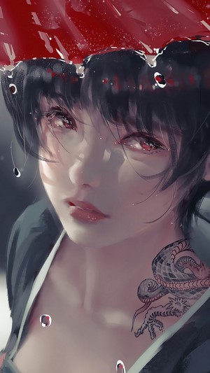 Tattoo, Girl, Raining, Umbrella, Fantasy, 4k