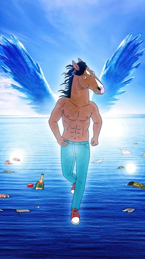 BoJack Horseman with blue wings over the ocean