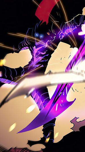 Igris from Solo Leveling fighting with a purple sword