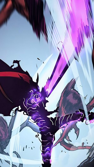 Igris from Solo Leveling fighting with a purple sword