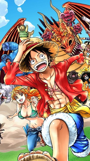 Monkey D. Luffy and Nami from One Piece with a dragon