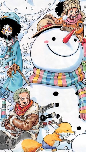 Straw Hat Pirates building a snowman in the snow