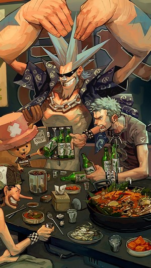 One Piece characters drinking at a table
