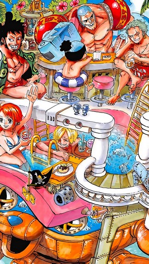 One Piece characters at a poolside bar