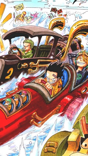 One Piece characters racing in vehicles