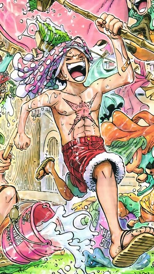 Monkey D. Luffy from One Piece running with a bucket