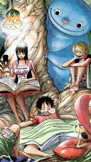 One Piece characters resting in a forest