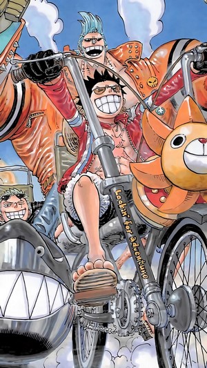 Straw Hat Pirates from One Piece riding a bike