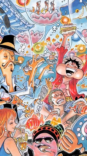 One Piece: Straw Hat Pirates celebrating with drinks and cake