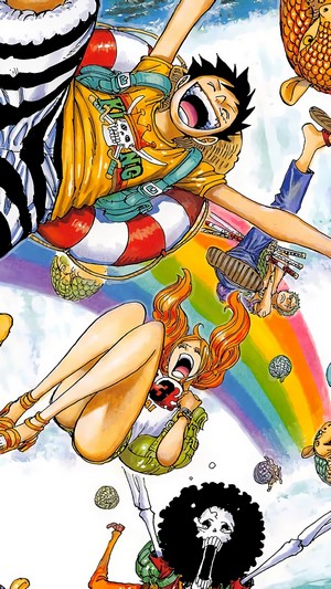 One Piece characters falling with a rainbow
