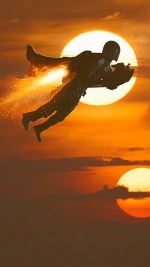 The Mandalorian flying with jetpack at sunset 4K