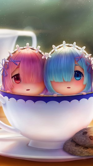 Chibi Ram and Rem from Re:Zero in a Teacup 4K