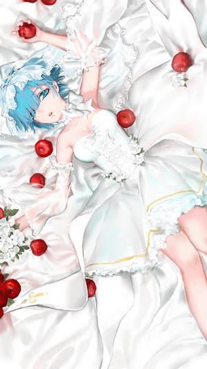 Rem from Re:Zero in a white dress with apples