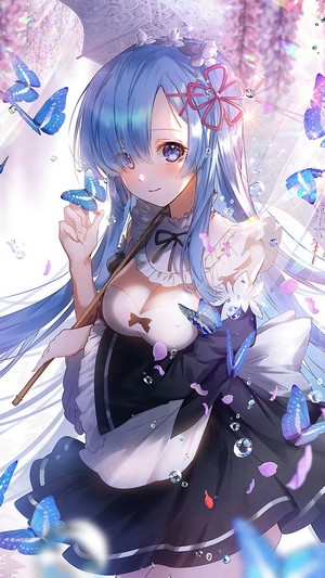 Anime, Girl, Butterfly, Rem, Maid, Long Hair, Re:Zero, 4k