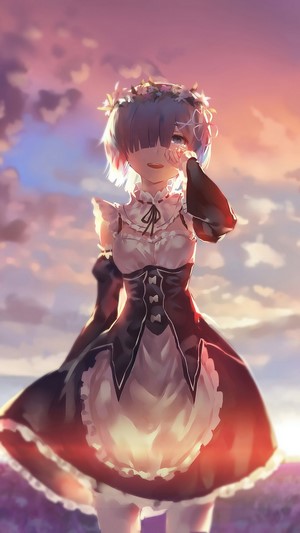 Rem from Re:Zero in a maid outfit with a flower crown