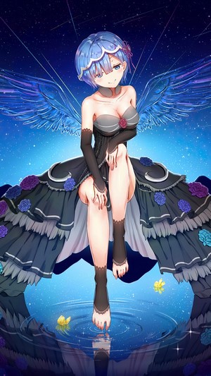 Rem from Re:Zero with wings and a black dress