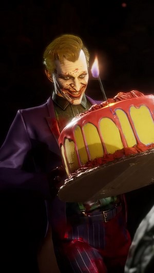 Joker from Mortal Kombat 11 holding a cake