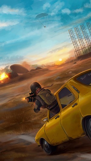 PUBG player shooting from a car with a parachute in the sky