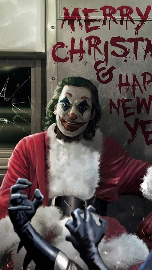 Joker dressed as Santa Claus with bloody text
