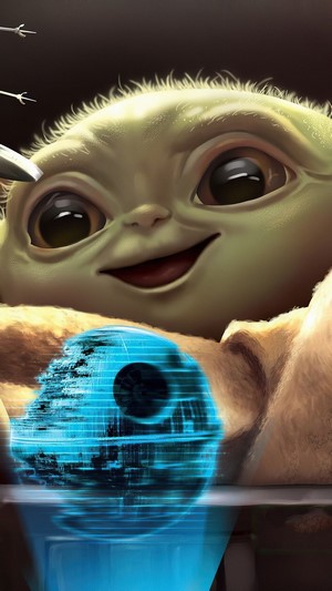 Baby Yoda from Star Wars with Death Star hologram 4K