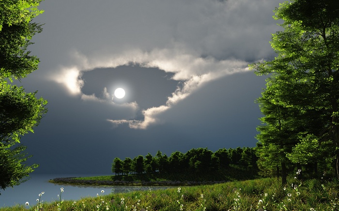 Moonlit lake with trees and clouds